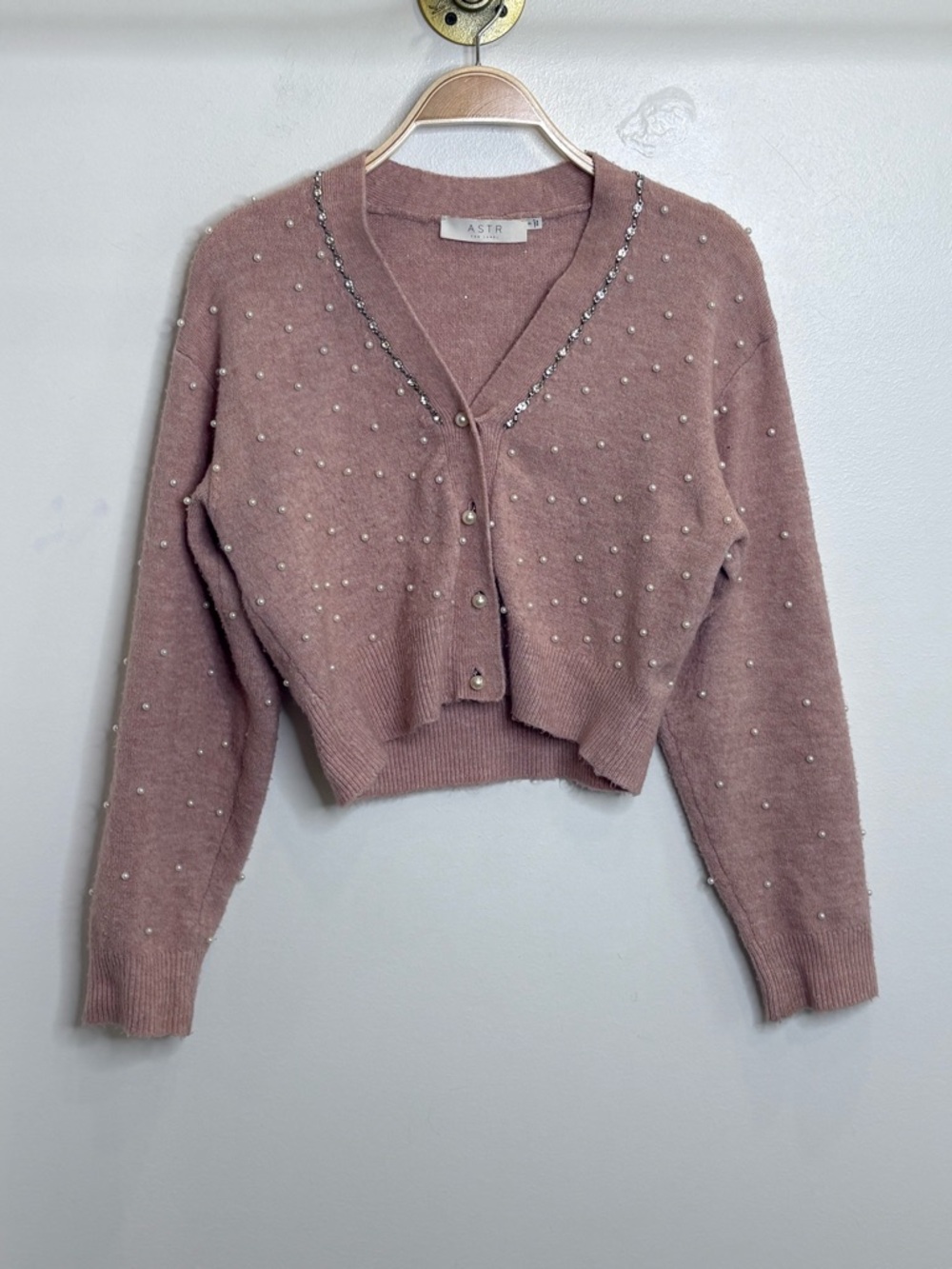 ASTR Dusty Rose Pearl & Rhinestone Cropped Cardigan